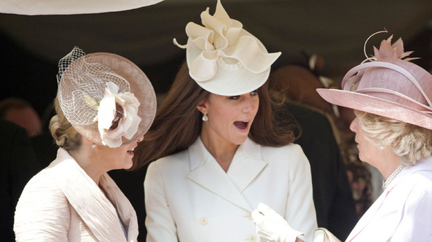Bosom buddies: Duchess Kate (centre) enjoys a laugh with Sophie, Countess of Wessex (left) and Duchess Camilla
