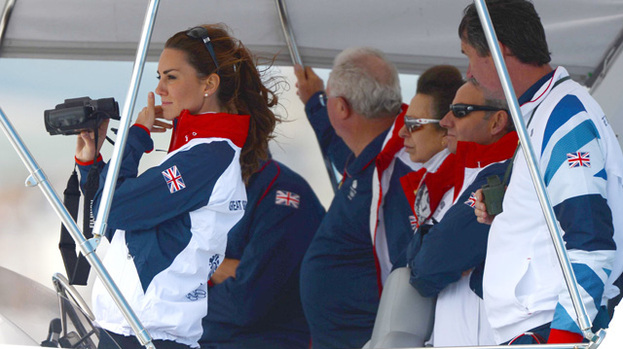 Riding high: Duchess Catherine looked happy and relaxed at today's Olympic sailing event