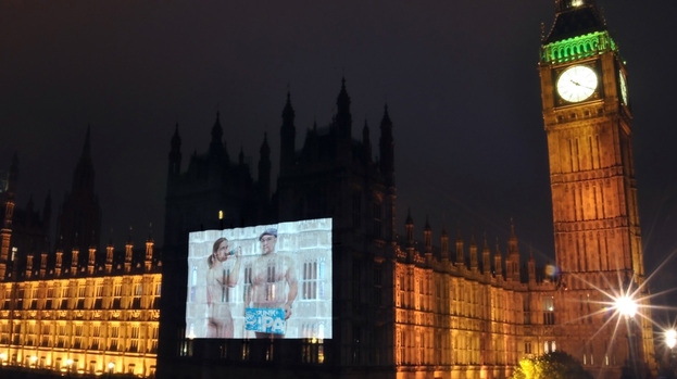 Founders of BrewDog, have projected an image of themselves naked onto the Houses of Parliament.
