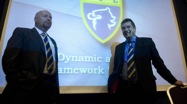 SFL chief executive David Longmuir (right) and president Jim Ballantyne hold discussions on league reconstruction