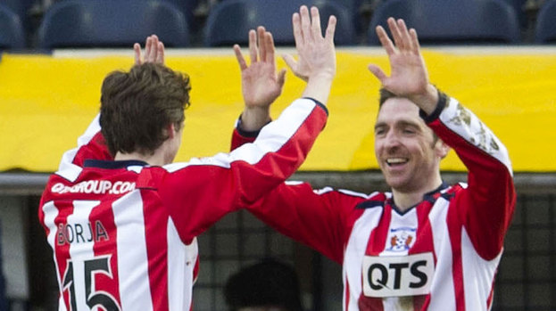 Kilmarnock's Borja Perez (left) congratulates Paul Heffernan on putting their side infront.