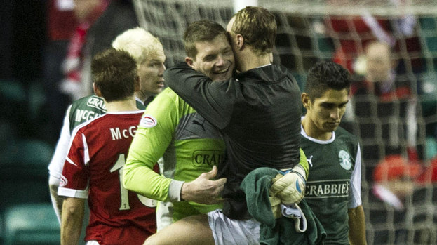 Leigh Griffiths congratulates goalkeeper Ben Williams after the final whistle.