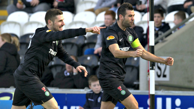 Ledley celebrates scoring at St Mirren Park.
