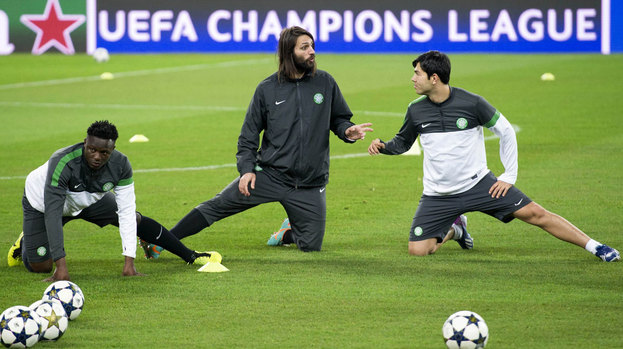 Celtic ace Georgios Samaras (centre) chats with team mate Miku as they train in the Juventus Stadium ahead of the Champions League Last 16 second leg clash with the Turin side.