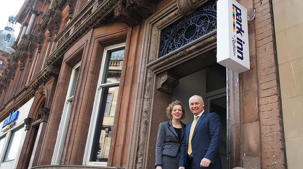 New hotel: Alistair Campbell and Carolynn Morrison outside the new Park Inn by Radisson on West George Street.