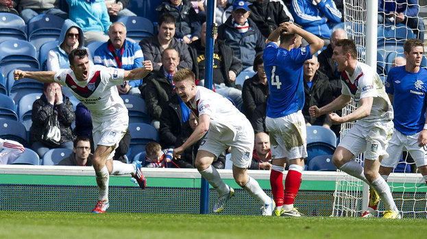 Peterhead celebrate scoring against Rangers at Ibrox.