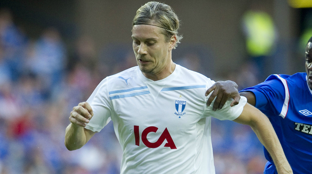 Markus Halsti in action for Malmo against Rangers.