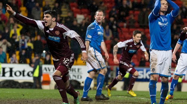 Hearts Callum Paterson (left) celebrates his captain Danny Wilson's (not pictured) late equalising goal.