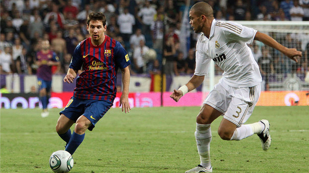 Barcelona's Lionel Messi and Real Madrid defender Pepe.